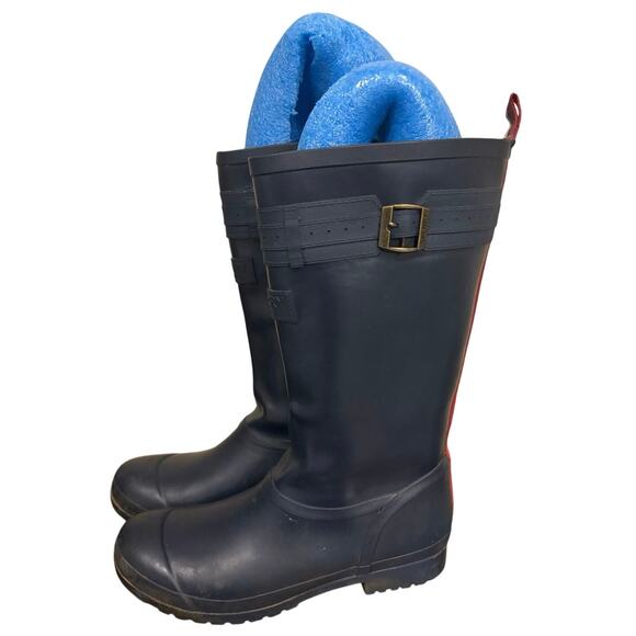 Sperry Women’s 9 Navy Waterproof Rubber Rain Boots Tall Red Stripe Buckle Trim - Picture 5 of 9